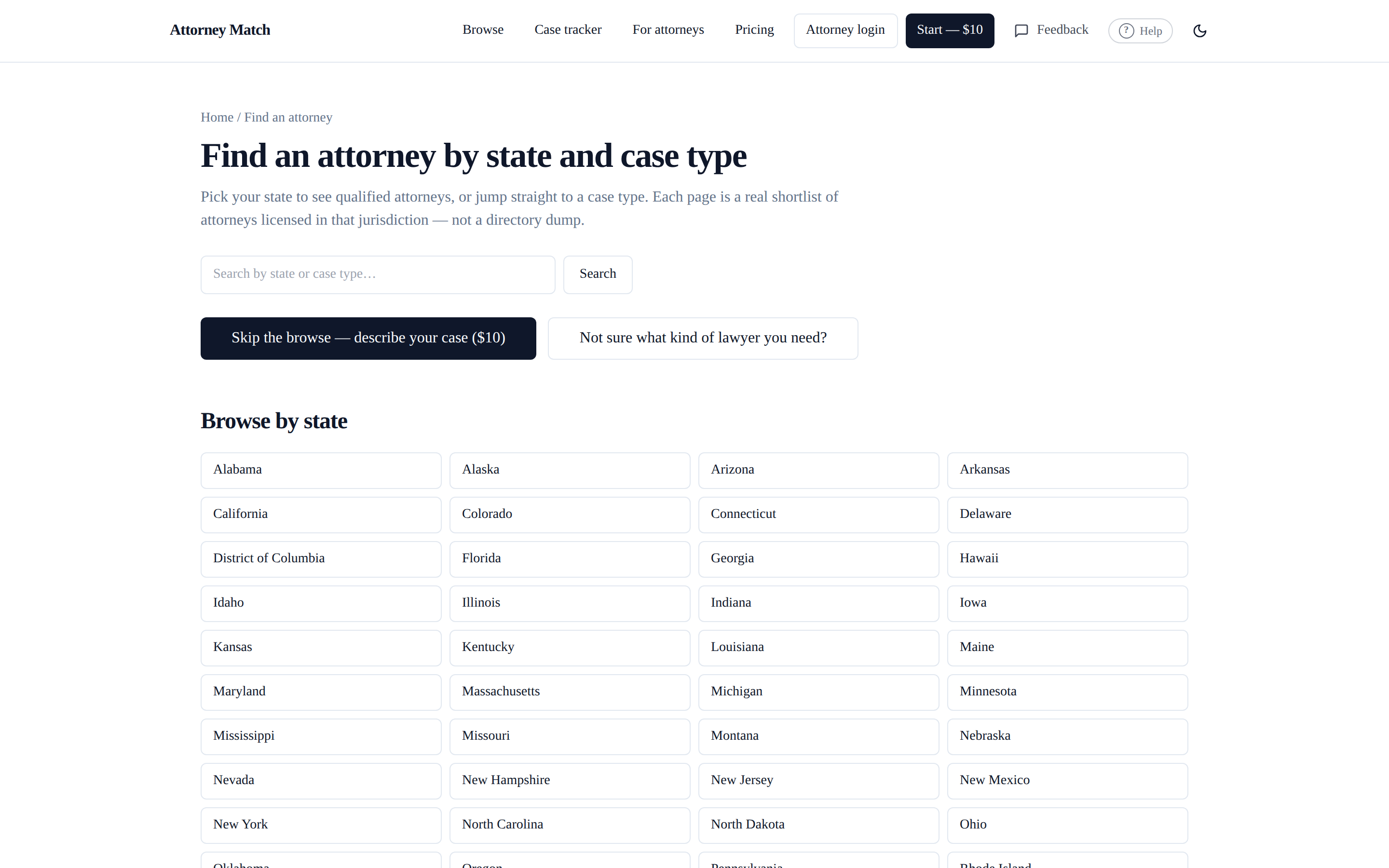 The browse page: attorneys by state and by case type