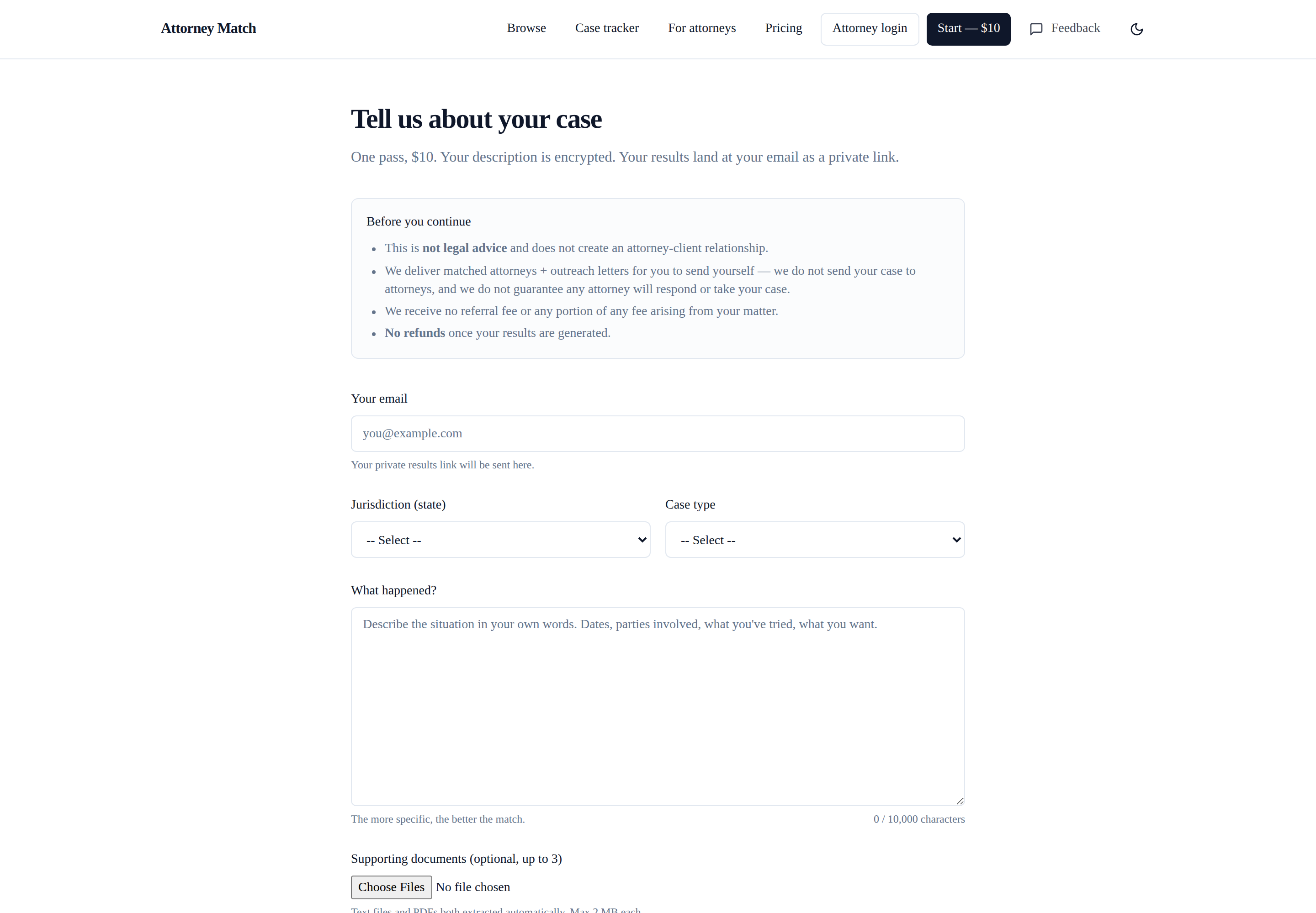 The Attorney Match intake form: describe your case in your own words, pick your state and case type, optionally attach documents
