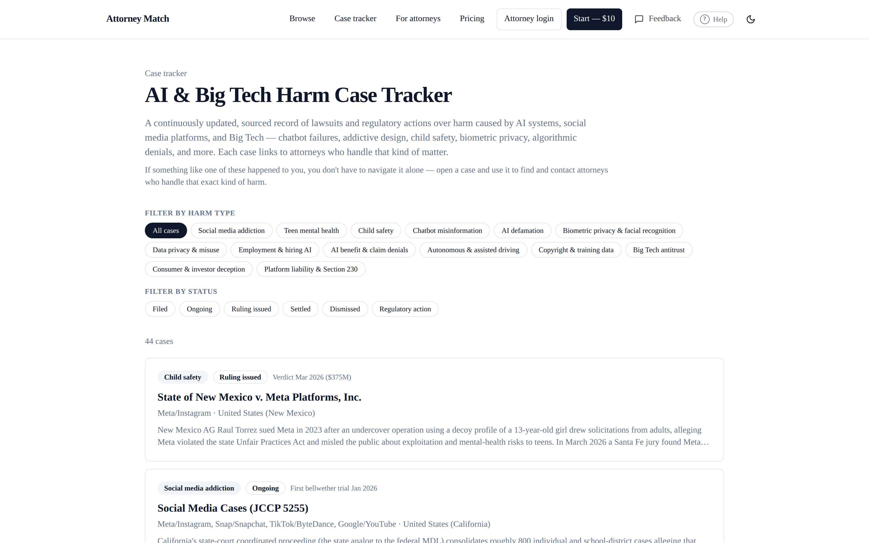 The case tracker: filterable list of public AI and Big Tech harm cases